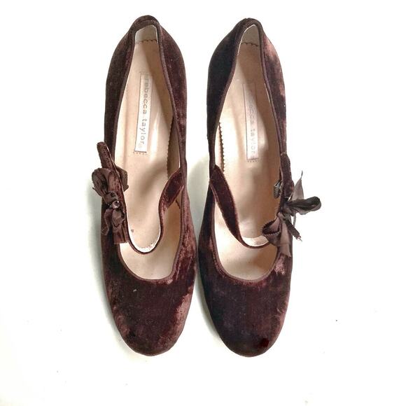 Rebecca Taylor Velvet Mary Jane Heels with Bow Romantic Fall Holiday Party Pumps - Picture 3 of 16